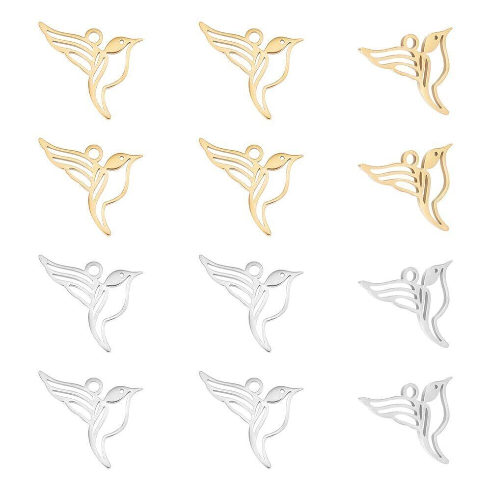 1105 12pc 2-Color Hummingbird Charms - 304 Stainless Steel Mini Animal